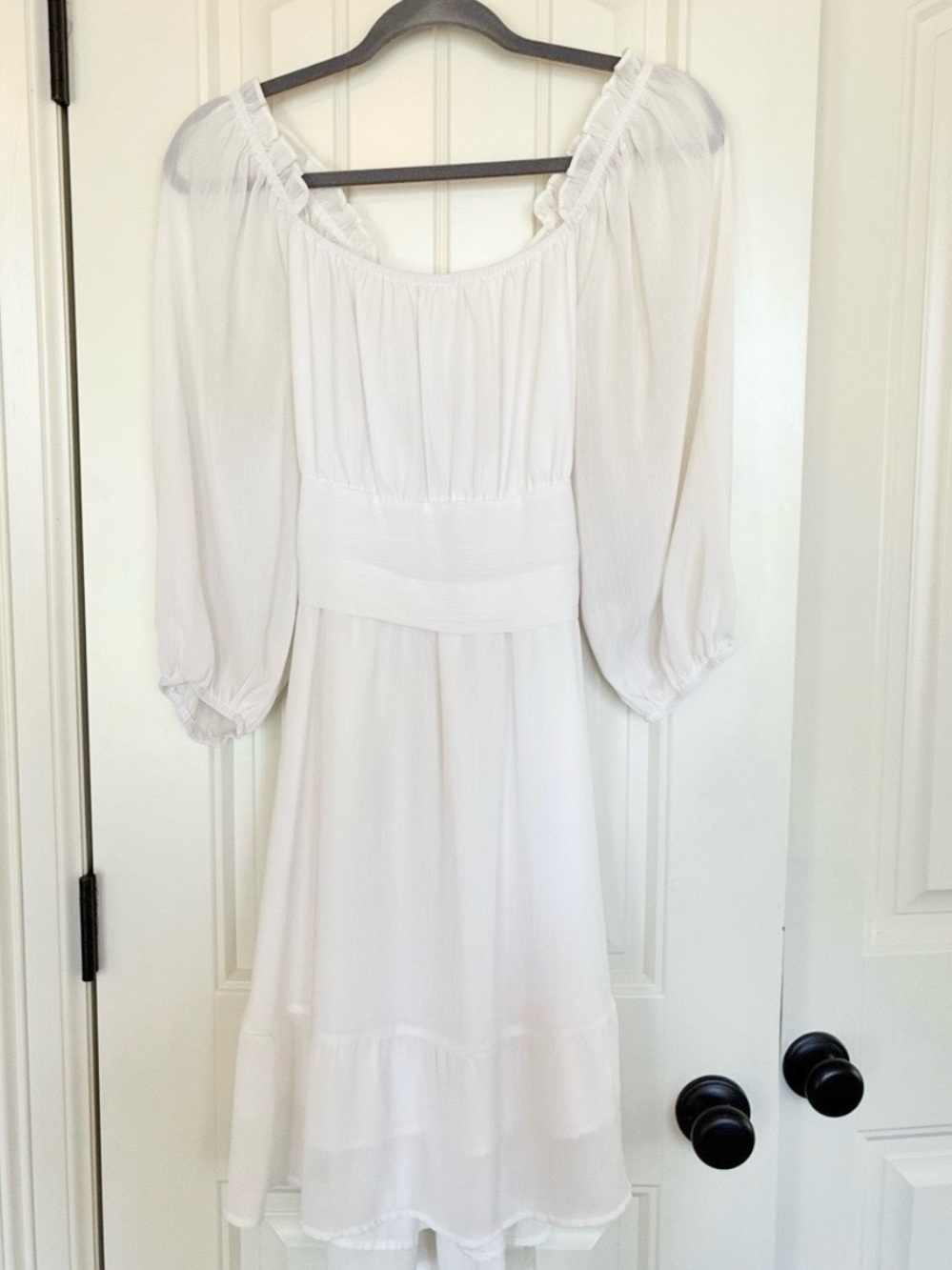 Exlura Women's Casual Puff Sleeve Square Neck Open Tie Back White Mini Dress